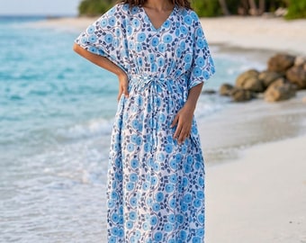 Floral Cotton Kaftan Dress Boho Beach Kaftan, Summer Resort Wear Loose Fit Vacation Dress Cotton Bohemian Kaftan Floral Beach Cover Up