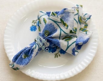 Juego de servilletas de algodón con estampado floral azul, servilletas de mesa hechas a mano, servilletas de tela indias estampadas a mano, decoración para cenas de boda.