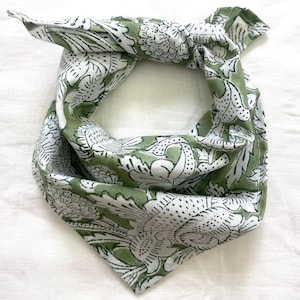 Sage Green Hand Block Print Bandana Scarf: Organic Cotton