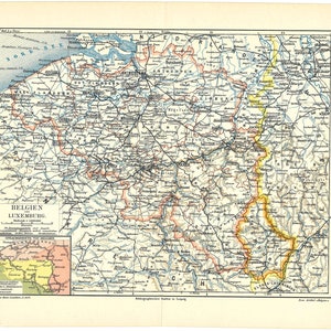 Impression lithographie couleur originale de 1897 d'une belle carte Belgique Europe belge Europe de l'Ouest Luxembourg néerlandais Flandre Pays-Bas