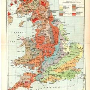 Original 1898 Antiker Farblithographiedruck der geologischen Karte von England Wales das Vereinigte Königreich Südschottland London Exeter Brighton