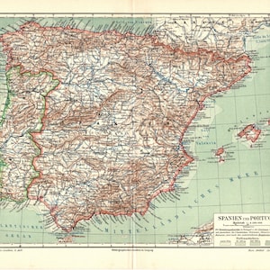 1907 Antiker Lithographiedruck der Landkarte von Europa Spanien und Portugal Atlantik Mittelmeer Iberischer Meer