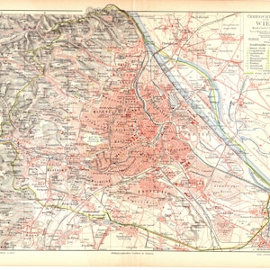 Original 1897 Litografía en color antiguo imprimir mapa histórico Centro de Viena Capital Austria Alemán Austro-Húngaro WW Beethoven Mozart Freud