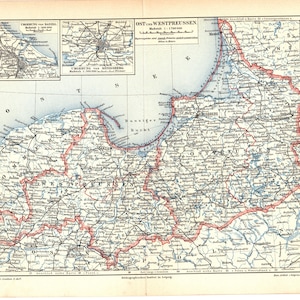 Original 1897 Antike Farbe Lithographie schöne Landkarte historische Pommern Ostsee Deutschland Polen Römisch Preußen Danzig Stettin