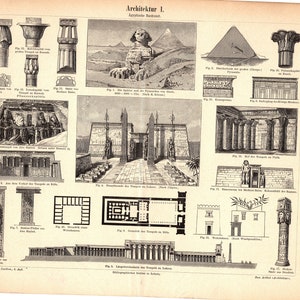 Original 1897 Antique Colour lithography print of buildings of the Egyptian architecture sphinx columns temple Egypt Luxor Ramses Habu