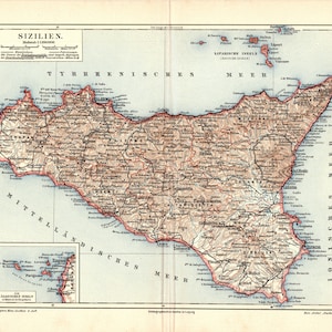 1907 Antiker Farblithographie-Druck einer schönen Landkarte von Sizilien Italien Italienische Insel Mittelmeer Indischer Ozean Kultur EU