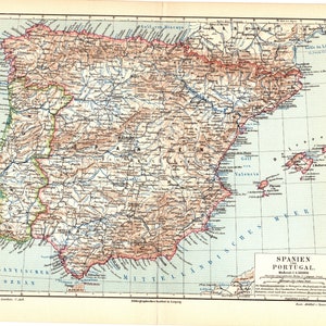 1897 Antiker Lithographiedruck der politischen Landkarte von Europa Spanien und Portugal Atlantik Mittelmeer Iberische
