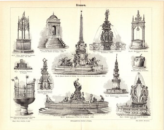 Original 1893 Antique lithography print of different European fountains - art sculpture history building Antwerpen Goujon Pompeji Hanau