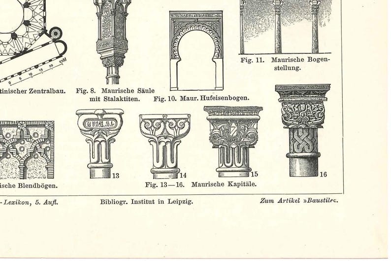 Original 1894 Antique Lithography Print Ancient Columns Säulenordnungen ...