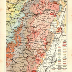 Original 1907 Antiker lithographiedruck einer wunderschönen landkarte von Baden Deutschland geologische Schwarzwald Frankreich Oberrhein Süd Rastatt