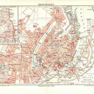 Impresión litográfica en color antigua original de 1896 de un hermoso mapa de la ciudad de Copenhague, Dinamarca, Frederiksberg, Tarnby, Dragor, Oresund, Malmö.
