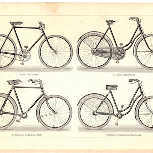 Puede incluir: Una ilustración vintage de cuatro bicicletas, dos con transmisión por cadena y dos sin cadena. Las bicicletas están etiquetadas con sus nombres: Corona Tournrad, Corona Damentad, Oritzzers ketimos Rad y Gritzners ketionioses Dumenta.