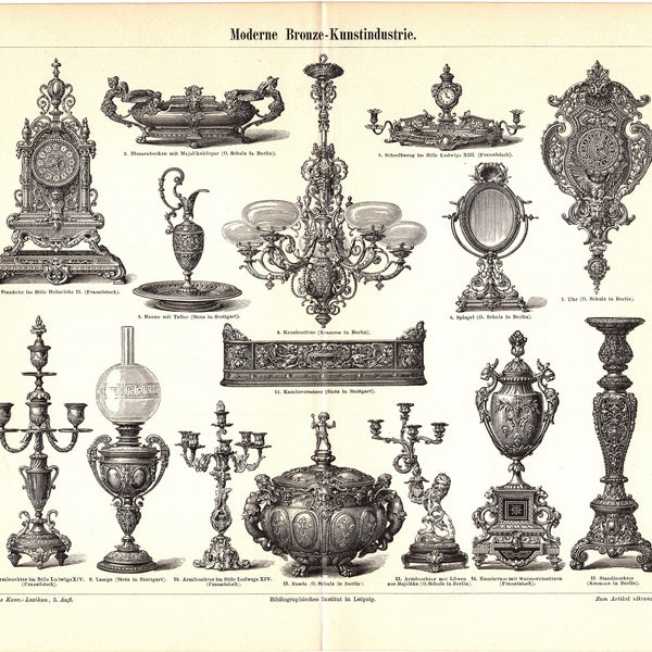 Original 1893 Antique lithography print of different types of vintage antique blacksmith work Bronze material clock mirror vase Chandelier