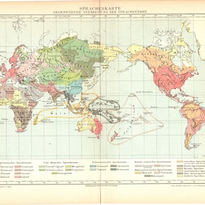 Original 1897 Antike Lithographie Farbdruck der Ethnographischen Karte der Welt Ethnizität und der Sprachen, die auf der ganzen Welt Land gesprochen werden