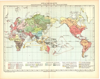 Original 1897 Antique lithography colour print of Ethnographic map of the world Ethnicity and the languages spoken around the world country
