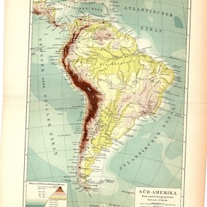 Oryginalny antyczny kolorowy odbitek litograficzny z 1893 r. przedstawiający piękną mapę Ameryki Południowej, w tym Brazylię, Argentynę, Chile, Peru, Boliwię i Kolumbię