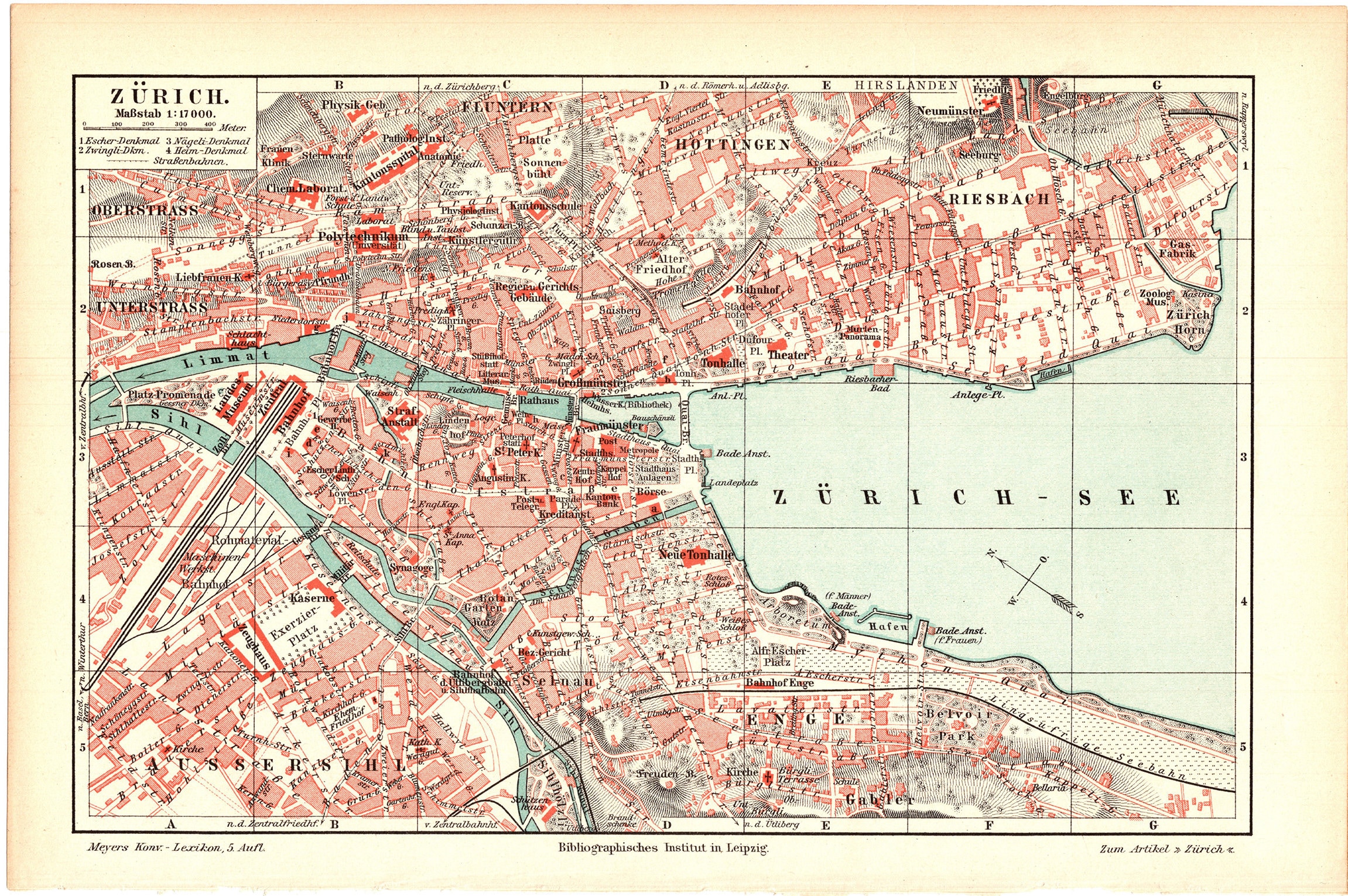 Original 1897 Antique Colour lithography print of a beautiful map of the city Zurich Switzerland roman Turicum Huldrych Swiss Alemannic art