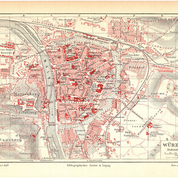 Original 1897 Impresión de litografía en color antiguo de un hermoso mapa de la ciudad de Wurzburg Alemania romano Turicum Huldrych Arte alemán suizo
