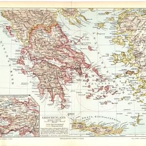 Original-Antikfarblithographie-Druckkarte von 1897 der historischen alten Griechenland Griechenland Griechenland Südosteuropa Athen Thessaloniki Balkankunst