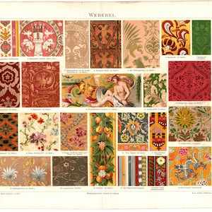May include: A vintage chart of textile patterns from the 19th century. The chart features a variety of patterns, including floral, geometric, and abstract designs. The patterns are printed in a variety of colours, including red, green, blue, and yellow. The chart is titled "WEBEREI" and includes the text "Bibliothek R. Schmidt, Leipzig."