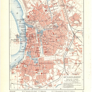 Carte historique de la ville originale de 1898, lithographie couleur, carte historique de la ville de Düsseldorf Düsseldorf Basse-Franconie Ripuaire Néerlandais Rhin Düssel Ruhr