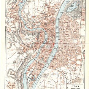1897 Antiker Farblithographiedruck einer schönen Karte der Stadt Lyon Frankreich Rhone Saone Marseille Saint Etienne Auvergne