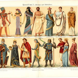 May include: An illustration depicting historical costumes from ancient Egypt to the Middle Ages. The image shows figures in various clothing styles, including a pharaoh, a Roman senator, a medieval knight, and a queen. The image is titled "Kostüme I (Altertum und Mittelalter)"