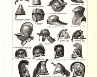 Może przedstawiać: Ilustracja w czerni i bieli różnych historycznych hełmów, w tym stylów greckich, rzymskich i średniowiecznych. Rysunki przedstawiają różne projekty, od prostych metalowych hełmów po bogato zdobione. Obraz pochodzi z odniesienia historycznego.