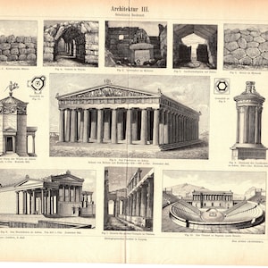 Original 1897 Antique Colour lithography print buildings Greek architecture Column Corinth Segesta Mauer Tiryns Parthenon Athens Delos