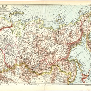 Original Lithographie-Druck Antike Landkarte von 1897 Sibirien Russisches und Chinesisches Reich Asien Ural Pazifik Arktis Jenissei Kasachstan