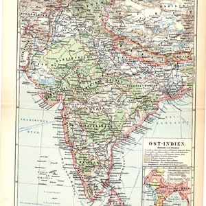 Original 1897 Antike Farblithographie Karte British Raj Indien Teilungsgrenze Sanskrit Krone Subkontinent Rebellion Pakistan Republik