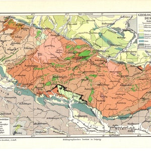 Original 1895 Impresión de litografía en color antiguo del mapa geológico Harzes norte de Alemania Resina Harz elevación cielo nieve baja sajonia Anhalt