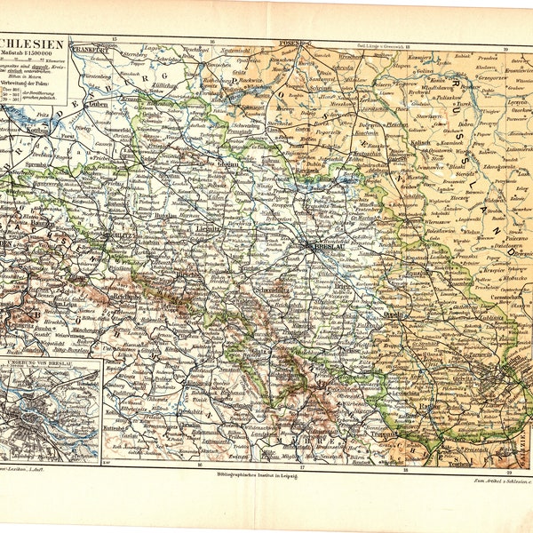 Original 1897 Antique Colour lithography print of map of Schlesian historical city of Breslau Wroclaw in Poland Silesia Czech Republic