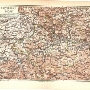Könnte beinhalten: Eine Vintage-Karte von Österreich, betitelt "Oesterreich ob der Enns", mit detaillierter Topographie und Ortsnamen. Die Karte ist in Braun, Grün und Gelb gedruckt, mit einem Maßstab von 1:200.000.