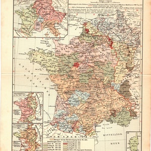 Original 1907 Antique Color lithographie imprimer carte politique historique de la France Méditerranée Manche Anglais Rhénanie du Nord Belgique Luxembourg