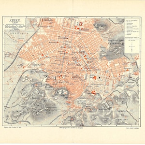 Original 1897 Antike lithographie drucken schöne landkarte historisch griechische stadt Athen Griechenland Mythologie Parthenon Ruine Balkan Mittelmeer