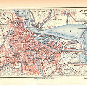 Original 1897 Antique Color lithographie carte imprimée belle Amsterdam Pays-Bas Hollande du Nord Venise UNESCO Amstel Canal de l’âge d’or néerlandais