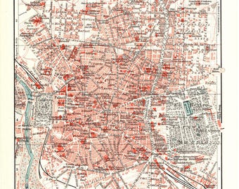 Original 1897 Antique Colour lithography print beautiful map of the city of Madrid Spain Manzanares Spanish Real Iberian peninsula Plaza
