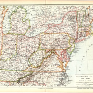 Original 1897 Antique Color lithographie imprimer belle carte des États du Nord des États-Unis Océan Atlantique Vermont Maine Michigan Ohio Virginie
