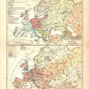 1907 Antiker Farblithographiedruck der ethnographischen, Bevölkerungsdichte und Sprachkarte von Ländern in Europa