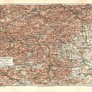 Original 1908 Antike lithographie print landkarte von Steiermark Steiermark Tirol Vorarlberg Kärnten Salzburg Oberes Niederburgenland