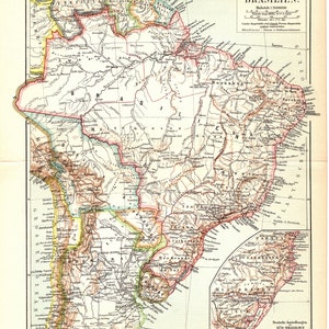 Original 1893 Impresión de litografía en color antiguo de un hermoso mapa de Brasil /Brasil en América del Sur Naturaleza bosque amazónico lluvia Río portugués