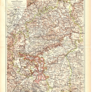 Original 1897 Antike Farb Lithographie Druck Deutschland Karte Karlsruhe Stuttgart Rhein Süd Jagt Kreis Schwarzwald
