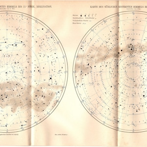 Carte originale de 1907, lithographie couleur antique en gros caractères de la carte des signes d'astronomie cosmologie du ciel étoilé du sud et du nord