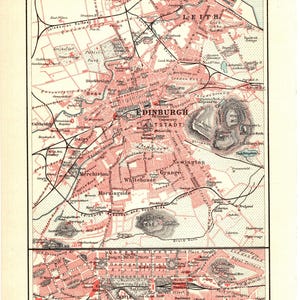 Carte historique originale de 1898, impression lithographie couleur antique, environs du centre-ville d'Édimbourg, vieille ville, château de Lothian, Queens, Portobello