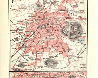 May include: A vintage map of Edinburgh, Scotland, showing the city's streets, landmarks, and surrounding areas. The map is printed in red and black ink on a white background. The map includes the text "UMGEBUNG VON EDINBURGH. Maßstab 1:50 000" and "EDINBURGH INNERE STADT Maßstab 1:25000".