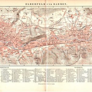 Impression lithographie couleur ancienne de 1898 carte belle ville d'Elberfeld et Barmen Allemagne Wuppertal Wupper bas allemand art grande carte