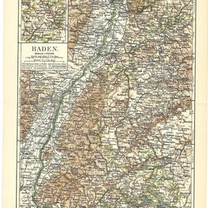 Original 1897 Antiker Farblithographiedruck einer wunderschönen Karte von Baden Baden Deutschland Kurstadt Schwarzwald Grenze Frankreich Schweiz