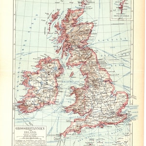 Original 1897 Antike lithographie print landkarte Vereinigtes Königreich UK Europa Großbritannien Nordirland Schottland Ärmelkanal Keltisch