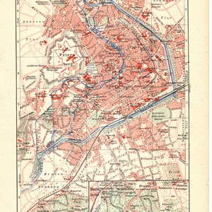 Puede incluir: Un mapa antiguo de Erfurt, Alemania, que muestra las calles, edificios y monumentos de la ciudad. El mapa está impreso en blanco y negro con resaltados rojos. El mapa está titulado "Erfurt" e incluye una barra de escala y una clave.